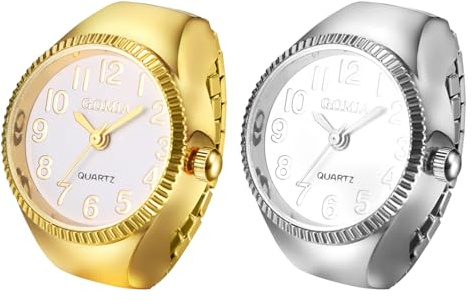 JewelryWe Ringklocka för kvinnor, analog kvartsur, elastisk ring, armbandsur, klockring, present till flickor, svart, vit, röd, rosa, Arabiska siffror – uppsättning av 2