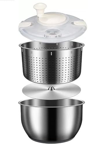 Salatschleuder 6L Edelstahl - Gemüseschleifer Trockner Zentrifuge Geschirrspüler Küchenwerkzeuge für Obstwascher, Nudeln, Pommes Frites - Große Kapazität Schleudertrockner