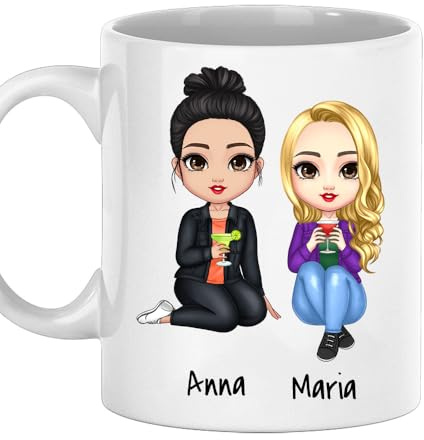 Vulfire Tazza Amiche Personalizzabile Regali per Amiche - Nome, Capelli, Abito e tanto altro da Personalizzare Idee Regalo Amica Compleanno Natale (Ceramica, Bianco - Due Amiche)
