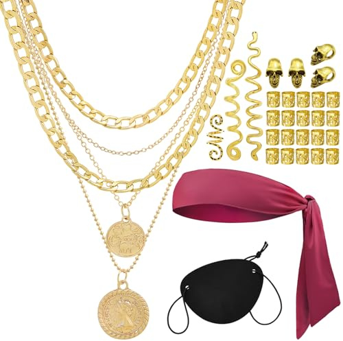Aswitnove 30 Pcs Captain Pirate Accessories Set Pirate Hat Bandanas Eye Patch Vintage Skull Hair Cuffs Beard Rings for Braids Chunky Golden Pirate Necklace for Women Halloween Party Supplies Burgundy