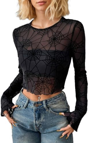 EMOTTOS Damen Netzshirt Mesh Top, Langarm Netz Oberteil Durchsichtiges Crop Top Frauen Y2K Sexy mit Blumenmuster, Transparentes Durchsichtige Schmale Passform Clubwear Party Top Damen, Schwarz, S-L