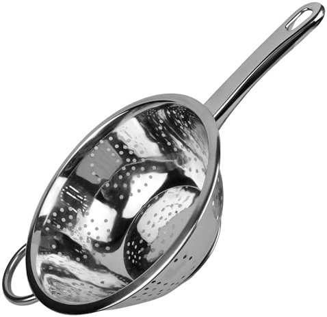 Stainless Steel Deep Colander with Long Handle 24cm (9.5)- Freestanding with Round Base, Round Handles, Dishwasher Safe, Vegetables, Fruits, Kitchen Accessories, Pasta Filter, Easy Strainer