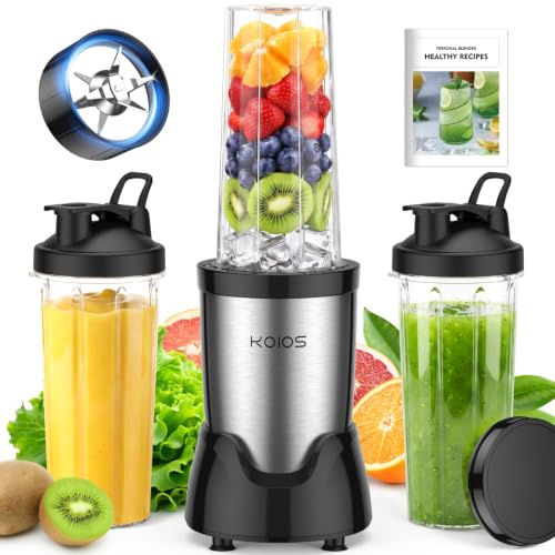 KOIOS Blender for Smoothies,Personal Blender for Shakes and Smoothies with 3 * 22oz To-Go Cups,22000 RPM Smoothie Maker,Detachable 6-leaf Blade Portable Blenders for kitchen,Black