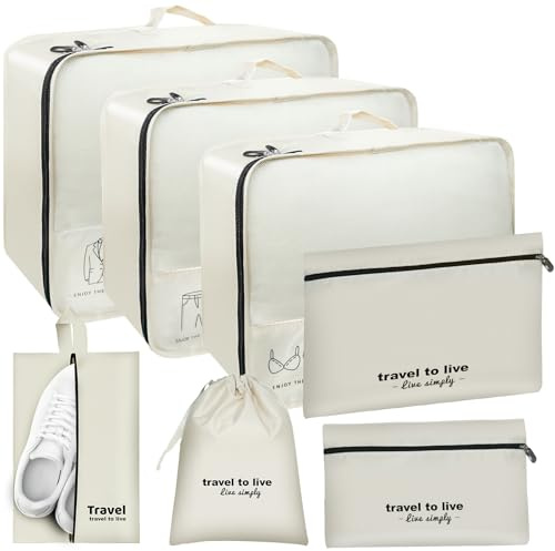 FeinKulturia Travel Bag Organizer 7 Teilige Koffer Packing Cubes Set Verstärkungsnähen mit Kosmetiktasche Schuhbeutel USB Kabeltasche Kleidertaschen Packwürfel Packtaschen Reise Zubehör Beige