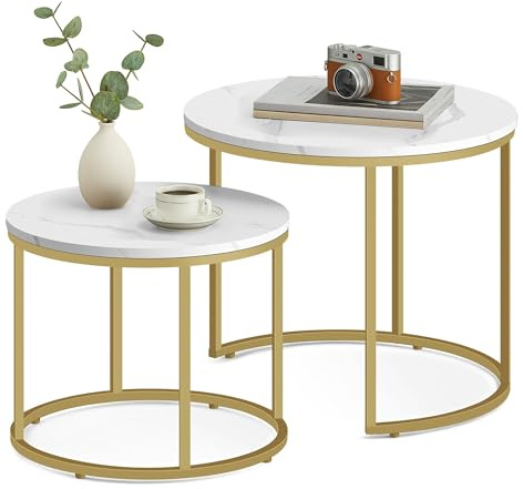 FORTENA 2er Set Couchtische, Schwarze oder goldene Metallbeine, Industrial-Stil, Raund (Marmor – goldene Tischbeine)