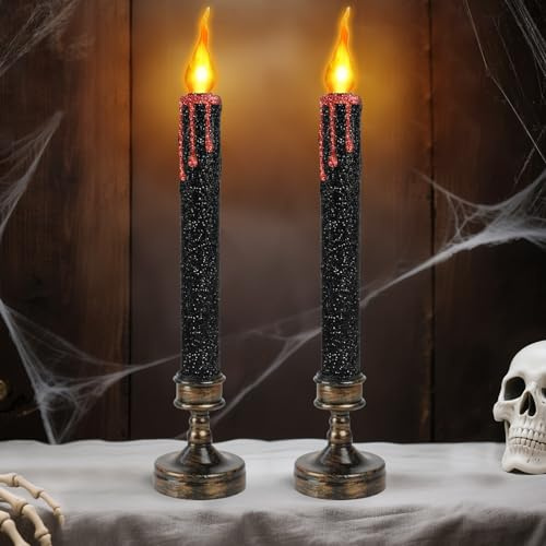 EKKONG 2 Stück Halloween LED Kerzen 24.5cm Blutkerzen LED Kerze Halloween Candle Schwarz Stabkerzen Halloweendeko Kerzen Beleuchtung für Tischdeko, Kamin, Fensterbank, Partys, Geschenk