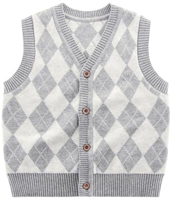 DHASIUE Pull à carreaux pour garçon - Gilet en tricot - Gilet en tricot sans manches - En coton - 4-10 ans - Taille 104-134, Grille grise, 104