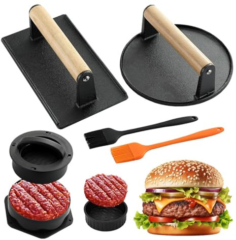 Yeqqzq 5PCS Smash Burger Press Kit, Cast Iron Burger Presses, 4 in 1 Stuffed Burger Mold, Sauce Brushes Included, Non Stick Smash Burger Press Set for Grill and Griddle Cooking