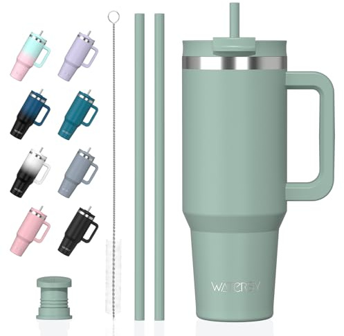 WATERSY 891ml Thermobecher mit 2 Strohhalmen, Trinkbecher Auslaufsicherer Kaffeebecher To Go Vakuum-Isoliert mit BPA frei Schraubdeckel, Trinkflasche Kühlt 12 Stunden,Retro Grün