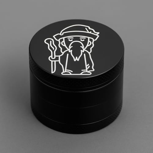 4-Piece Grinder 5 cm with Engraving - Black or Silver - Herb Grinder with Magnetic Lid & Pollen Sieve - Choice of Motif Top - Precise Workmanship, Non-Slip, Stylish Design (Black - Wizard)