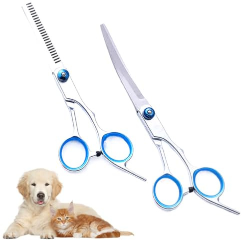 HABNI Ciseaux De Toilettage Pour Chiens Et Chats En Acier Inoxydable, 1 Éclaircisseur + 1 Courbé Avec Embouts De Sécurité Ronds, Longueur Totale 17Cm Pour Visage Pattes Et Corps