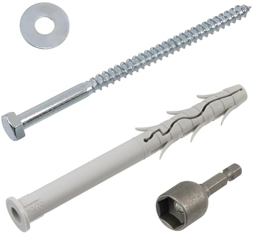 AERZETIX - Kit de 4 tacos con reborde biselado Ø12x140 mm de nylon + 4 tornillos tirafondo Ø8x140 mm + 4 arandelas anchas para perno M8 + 1 vaso hexagonal de 1/4 SW13 para atornillar