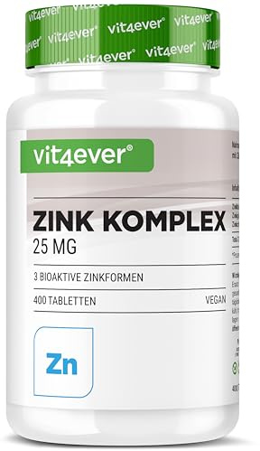 Complexe Zinc 25 mg - 400 Comprimés - Avec 3 Formes de Zinc Biodisponibles (Bisglycinate de Zinc, Gluconate de Zinc, Citrate de Zinc) - Vegan, Hautement Dosé, Sans Additifs inutiles