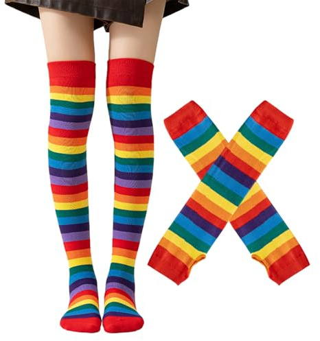 MUNSKT - Calcetines altos para rodillas altas (guantes altos, a rayas, mitones de rayas para mujeres y niñas, con rayas y mitones de rayas, color, Talla única