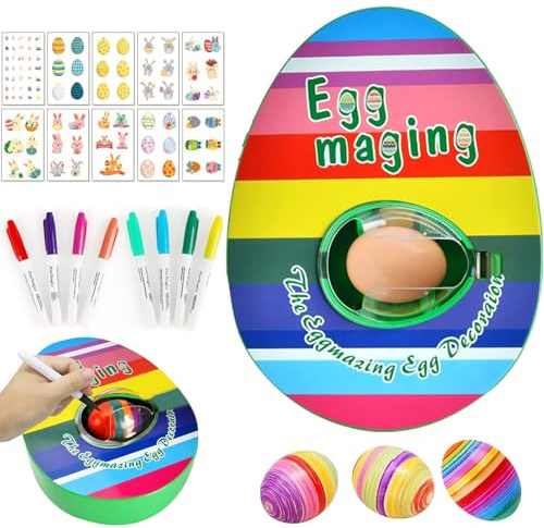 Ostereier Maschine,Osterei Dekorationsset,Ostereier Malmaschine zum Bemalen | Oster Eier Dekos Kit mit Eier-Malgerät,8 Farben Marker Stiftes,3 Eier & 10 Aufkleber,DIY Gemalte Deko Ostereier für Kinder