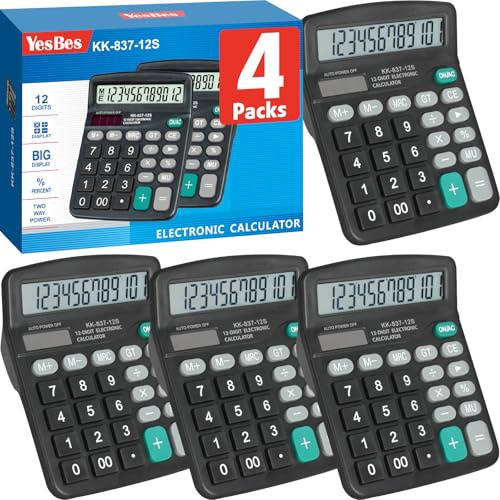 4 Pack Calculator Bulk, 12 Digits Calculators Desktop with Large LCD Display and Sensitive Butto, Solar and Battery Dual Power, Desk Calculator