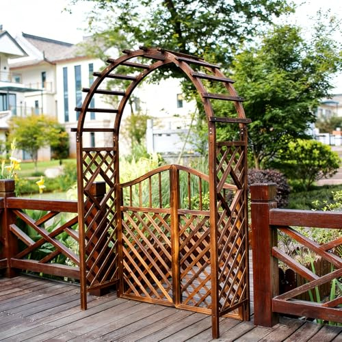 Wetsfgdg Rosenbogen aus Holz Braun Rankgitter Laubengang Torbogen mit Tor Robustes Spalier & Rankhilfe für Kletterpflanzen Gartenbogen Pergola für Garten,Hof & Rasen(100x50x213cm-Torbogen und Tür)