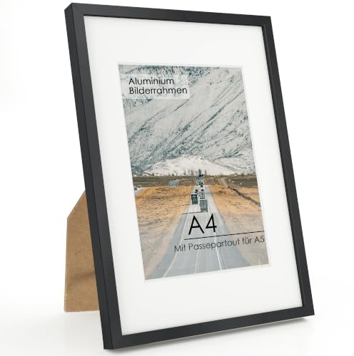 FLYJOE Premium Alu-Bilderrahmen A4 Schwarz – Mit Passepartout für A5 (14,8x21cm) – Hochwertiger Metallrahmen mit bruchsicherem Premium Acrylglas für Büro, Fotos & moderne Kunst