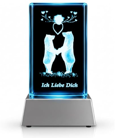Kaltner Präsente Stimmungslicht - Das perfekte Geschenk: Kristall Glasblock mit 3D Gravur/Ich liebe dich Geschenke für Frauen, Männer/Jahrestag Geschenk für Sie, Ihn/Gravur Herz/Nachtlicht