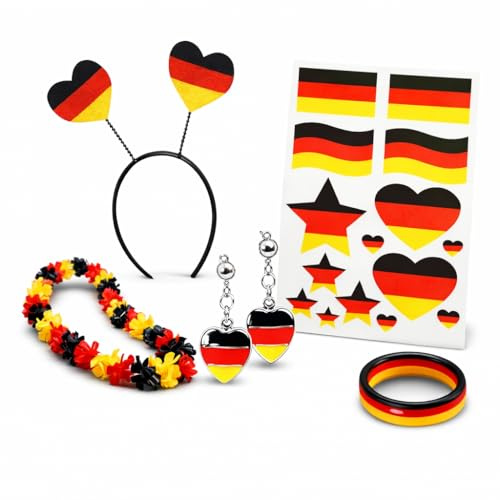 KarnevalsTeufel Deutschland Fan-Set 5-teilig für EM, WM & Fußball | Deutschland Fanartikel Set mit Haarreif, Blumenkette, Ohrringen, Armband und Tattoos für EM, WM & Public Viewing.