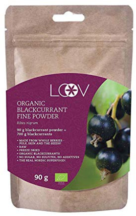 LOOV Organic Blackcurrant Powder, Made from 100% Whole Blackcurrants, Freeze Dried and Powdered Organic Blackcurrants, 90 g, Grown in Northern Europe, No Added Sugar