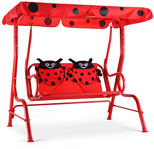 COSTWAY Kinder Hollywoodschaukel Marienkäfer, Kinderschaukel, Gartenschaukel mit Sonnendach, Gartenliege 2-Sitzer, Schaukelbank Gartenbank Rot