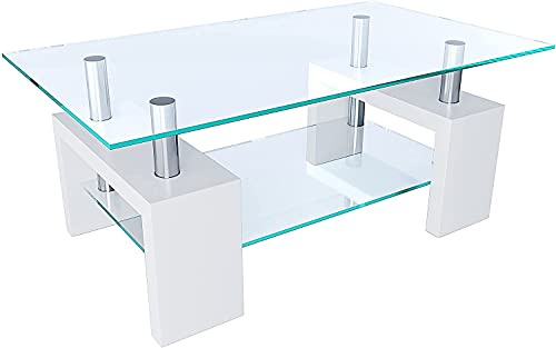 Tavolino Basso Rettangolare Salotto In Vetro Temperato E Legno MDF Per Soggiorno Salone Sala Da Pranzo Tavolo Da Caffè Con Ripiano Moderno Ed Elegante Indianapolis 100 x 60 x 45 cm (Bianco)