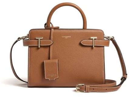 Le Tanneur, Petit Sac à Main, Sac bandoulière, en Cuir grainé, Emilie, Femme, 2 Poches Plates, Poche zippée, bandoulière Ajustable et Amovible, poignée, Charm décoratif, porté épaule, croisé, Main