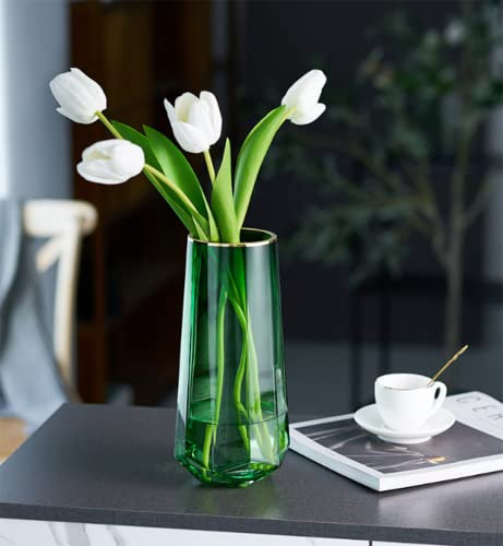 Vase Glasvase Handgemacht Kristall Durchscheinend Grau Vasen 22cm Hoch Gold Linie Mund Blumenvase ，für Home Office Dekor Geschenk für Hochzeit Weihnachten Einweihungsparty (Grün)