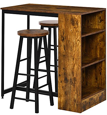 HOMCOM 3 Piece Industrial Style Bar Table Set, Pub Dining Table Set Bar Height Table and 2 Stools with Storage Shelf for Kitchen, Living Room, Rustic Brown