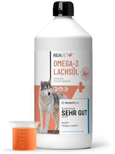 TESTURTEIL SEHR GUT 2025 ReaVET Lachsöl Hunde 1 Liter – Reich an Omega 3 & 6, Fischöl Hund hochdosiert, echte Lebensmittelqualität ohne Zusätze, frisch abgefüllt in Deutschland