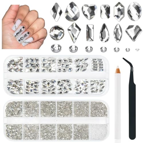 2630Pcs Kristall Weiß Glitzersteine Strasssteine Nägel, 120 12-Typen Groß Glitzer Steine+2510 6-Größen K9 Glas Runde Nagel Steinchen Rhinestones Nailart nageldesign Nagel Charms für Nagelkunst Gesicht