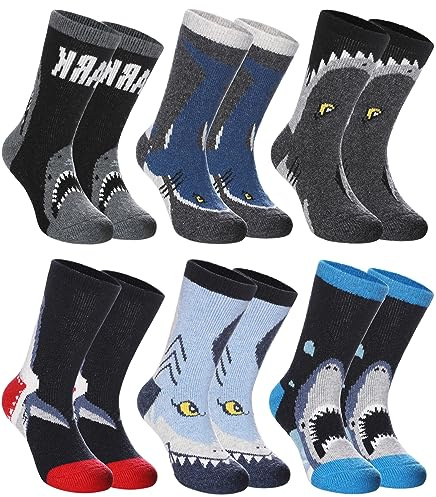 SDBING Kids Merino Wool Hiking Socks - Toddlers Thermal Winter Crew Socks 6 Pairs (4-7 Years, Shark)