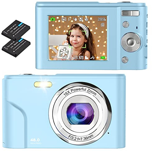 Bofypoo Digital Camera, 48MP & FHD 1080P, 16X Digital Zoom, Blue