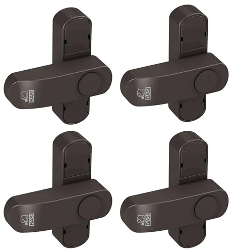 BASI | Fenstersicherung 4er Set | Weiß Braun | Zusatzsicherung für einflügelige Fenster Fenstertüren | verriegelbar mit Druckknopf | Schwenkriegel | Einbruchschutz | Farbe Braun | 4 Stück