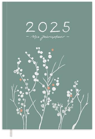Terminkalender A5 - Kalender 2025, Wochenplaner und Notizbuch für mehr Achtsamkeit, Taschenkalender & Terminplaner, Softcover, Grün Weiß mit Blumen, klimaneutral auf FSC Papier