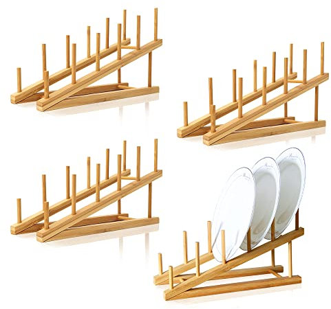 TIE-DailyNec 4 Stück Tellerständer Holz, 5 Slots Tellerhalter aus Bambus, Küche Bambusholz Abtropfgestell Geschirr, Abtropfgestell für Aufbewahrung Teller, Bücher, Weingläser