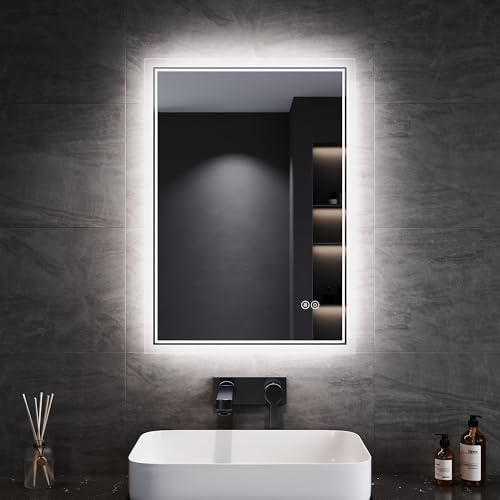 SONNI Badspiegel mit Beleuchtung 50x70cm, 3 Lichtfarben, Anti-Beschlag | Dimmbar, Touch/Wandschalter, Memory, HD-Spiegel. IP44 mit staubdichter Rückwand. Horizontal/vertikal. Für Badrenovierung