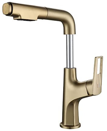 Waschtischarmatur Ausziehbar mit Brause Wasserhahn Bad Messing Waschtischmischer Einloch Wasser Kalt und Heiß Dual-Modus Badarmatur Waschbecken Ausziehbar-Gebürstetes Gold