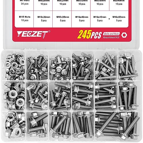 Kit de Pernos y Tuercas con Brida de 245 Piezas M6 M8 M10 de Alta Resistencia, Fabricado en Acero Inoxidable 304. Incluye 15 Tamaños Más Comunes.