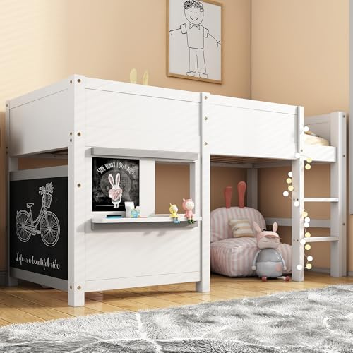 LTGB Children's Bed, Bunk Bed with Ladder, House Bunk Bed with Two Boards and Small Shelf, Play Bed, Wooden Bed Frame, Youth Bed for Teenages Kids Boys Girls, White