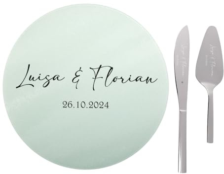 Herz & Heim® WMF Tortenbesteck zur Hochzeit mit passendem Tortenteller, personalisiert, Motivauswahl (Schlicht)