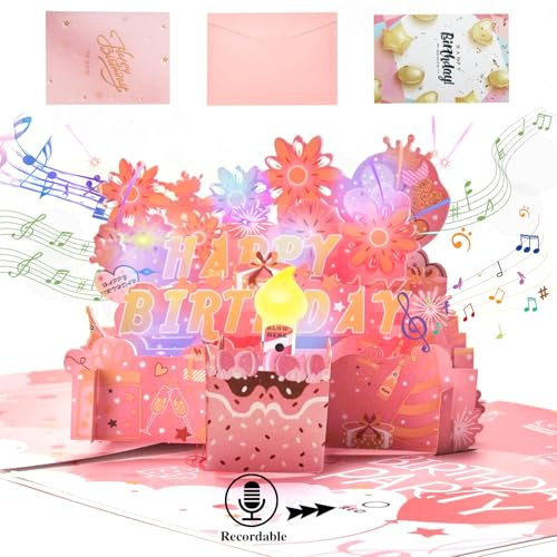 3D Pop Up Geburtstagskarte frau mit Lichtern & Musik &Aufnahme funktion Blaskerzen für Geburtstagstorten Feuerwerk Happy Birthday Geschenke für Frau/Männer/Kind/Paar/Freund