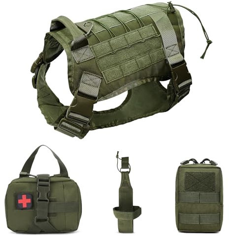 FLOVIPPET Taktisches Hundegeschirr 4er-Set, No Pull Military Tactical Service Weste mit MOLLE-System, Verstellbare Weich Gepolsterte Hundeweste, für Mittelgroße Große Hunde (Grün,L)