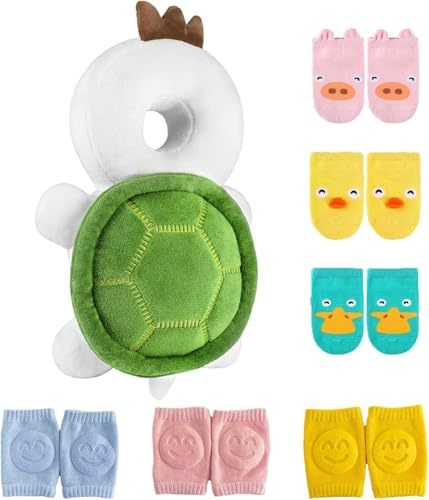 Baby-Kopfschutz und Baby-Knieschoner zum Krabbeln, Kopf-Sicherheitspolster, verstellbarer Rucksack, Baby-Rückenschutz zum Gehen und Krabbeln, für Alter 5–24 Monate (Schildkröte, 1 + 6 Jahre)