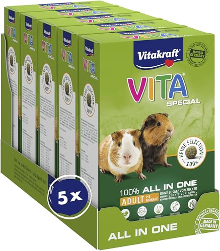 Vitakraft Vita Special vuxna, huvudfoder för marsvin, med gräs och örter, lågt kalciuminnehåll, för hälsosam päls, utan tillsats av socker och spannmål (5 x 600 g)