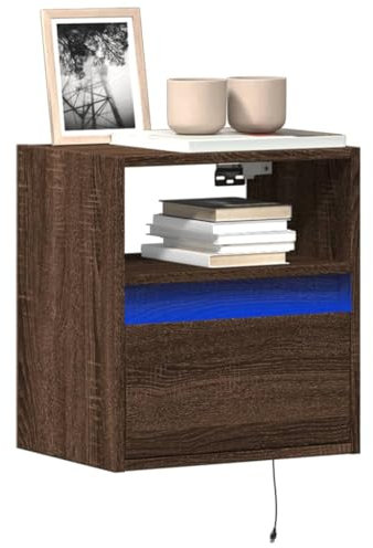 Sufrk Meuble TV mural avec lumières LED chêne, marron, 41 x 31 x 45 cm, meuble TV mobile, porte-télévision, meuble industriel, table basse vintage, console pour salon
