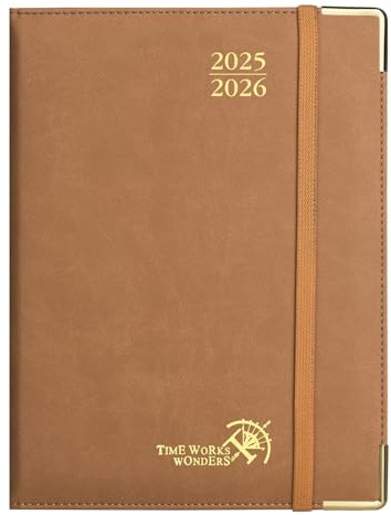 POPRUN Premium Kalender 2025 2026 Wochenplaner Hardcover, ca. A5 (22 x 16,5 cm), 17-Monate-Terminplaner (Aug.2025-Dez.2026) mit Vergoldete Schutzecken, 100 GSM Papier - Braun