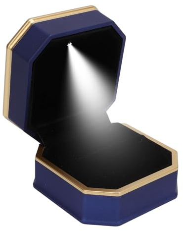 Acouto Beleuchtete Ringbox mit Eleganten Golddekorationen, LED-Schmuck-Display-Box für den Heirats- und Verlobungsantrag, Blau-Matte Luxus-Ringbox für Besondere Anlässe