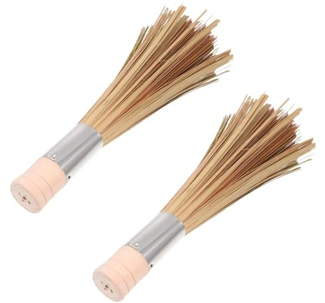 COLLBATH Pot Cleaning Brush Set 2pcs Natural Bamboo and Wood Kitchen Cleaning Tools with Ergonomic Long Handles in Khaki, Suitable for Pans and Pots in Home Kitchens and Restaurants